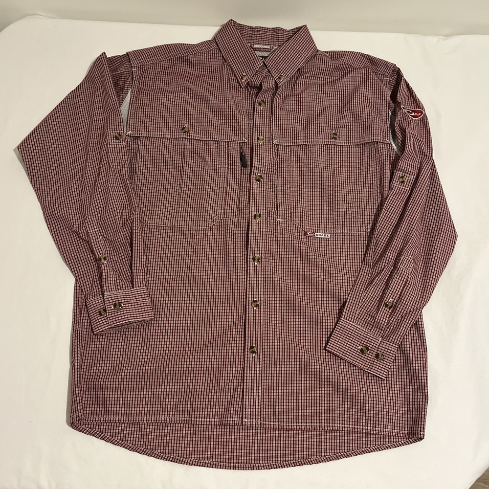 Drake Vented Fishing Long Sleeve Shirt Mens Small Red Plaid Check Lightweight